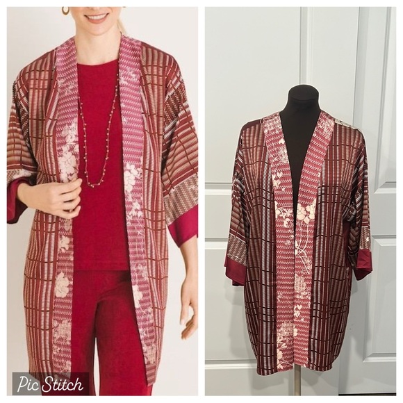 Chico's Travelers Women’s Burgundy Cream Jacket Kimono Boho Gypsy Size 12P/14P - Picture 1 of 11